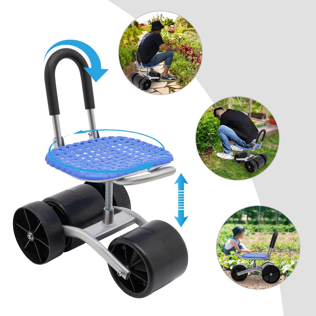 Sgabello da Giardino a Rotelle, Sedile da Lavoro con 4 Ruote, Carrello Sedile Stabile e Robusto, Altezza e Direzione Regolabili, Ginocchiere per Giardinaggio