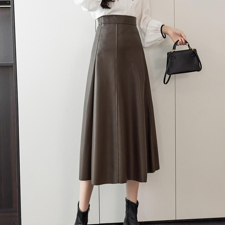 Leather Skirt for Women High Waisted A-line Knee-length Skirt with Big Swing