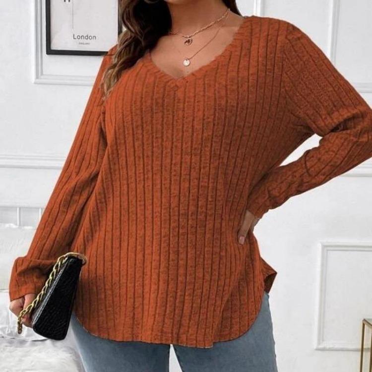 Women Plus Size Long Sleeve T-Shirt V Neck Striped Knitted Top Casual Loose Blouse Spring Solid Color Tops 5XL