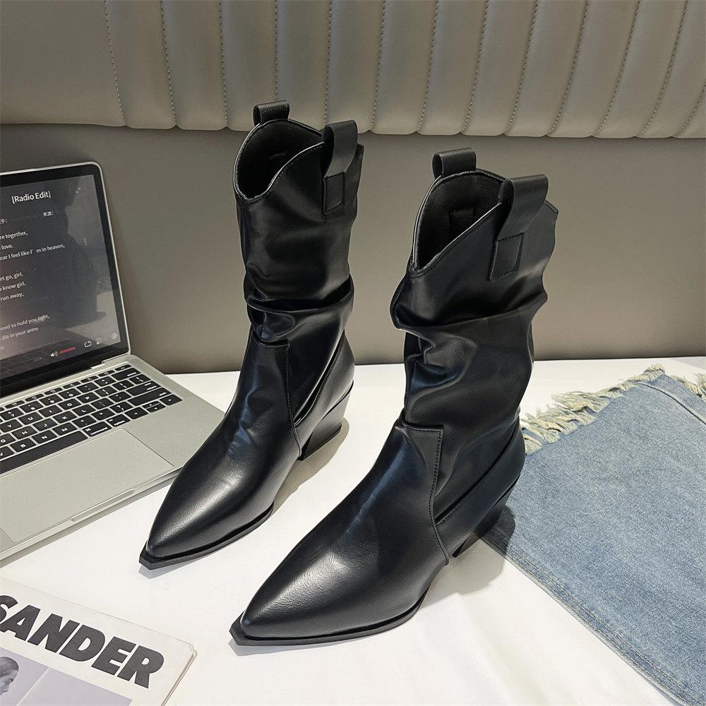 

Модные высокие каблуки до середины голени плиссированные сапоги женские осень зима винтажные коричневые кожаные сапоги в стиле вестерн женские на толстом каблуке Botas Mujer 35 чёрный