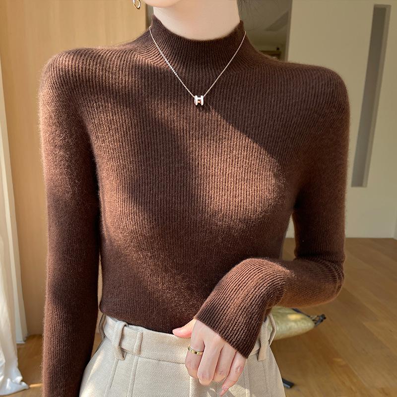 Women's Seamless Slimming Knit Top - Half-High Neck, Long Sleeve, Elegant Autumn/Winter Wool Innerwear