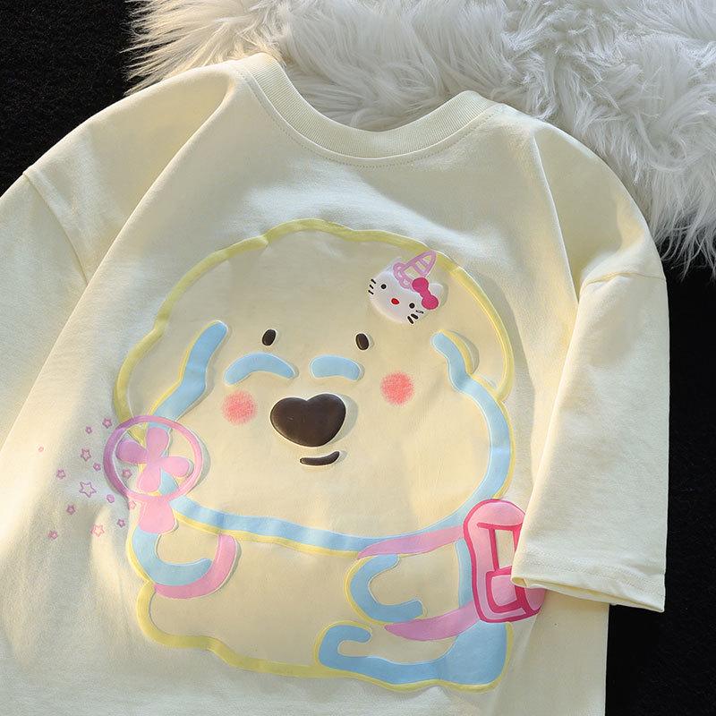 

Унисекс Японская Милая Хлопковая Футболка с Коротким Рукавом - Летняя Студенческая Повседневная Одежда M абрикосовый