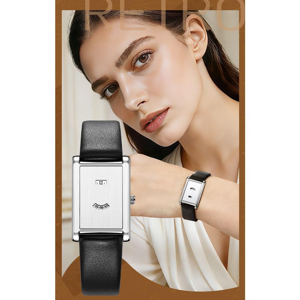 Women Rectangle Quartz Wristwatch Leather Strap Date & Minute Display Dress Daily Watch