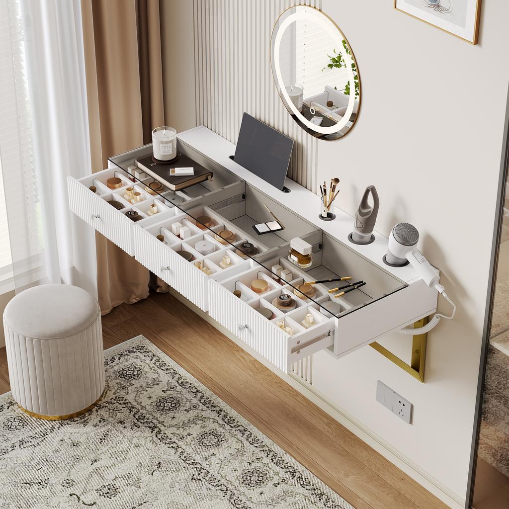 Vanity table, hanging, with 3 drawers, glass top, tablet holder and cup holder; white 120×40×45 cm (W×H×D) (without LED mirror)