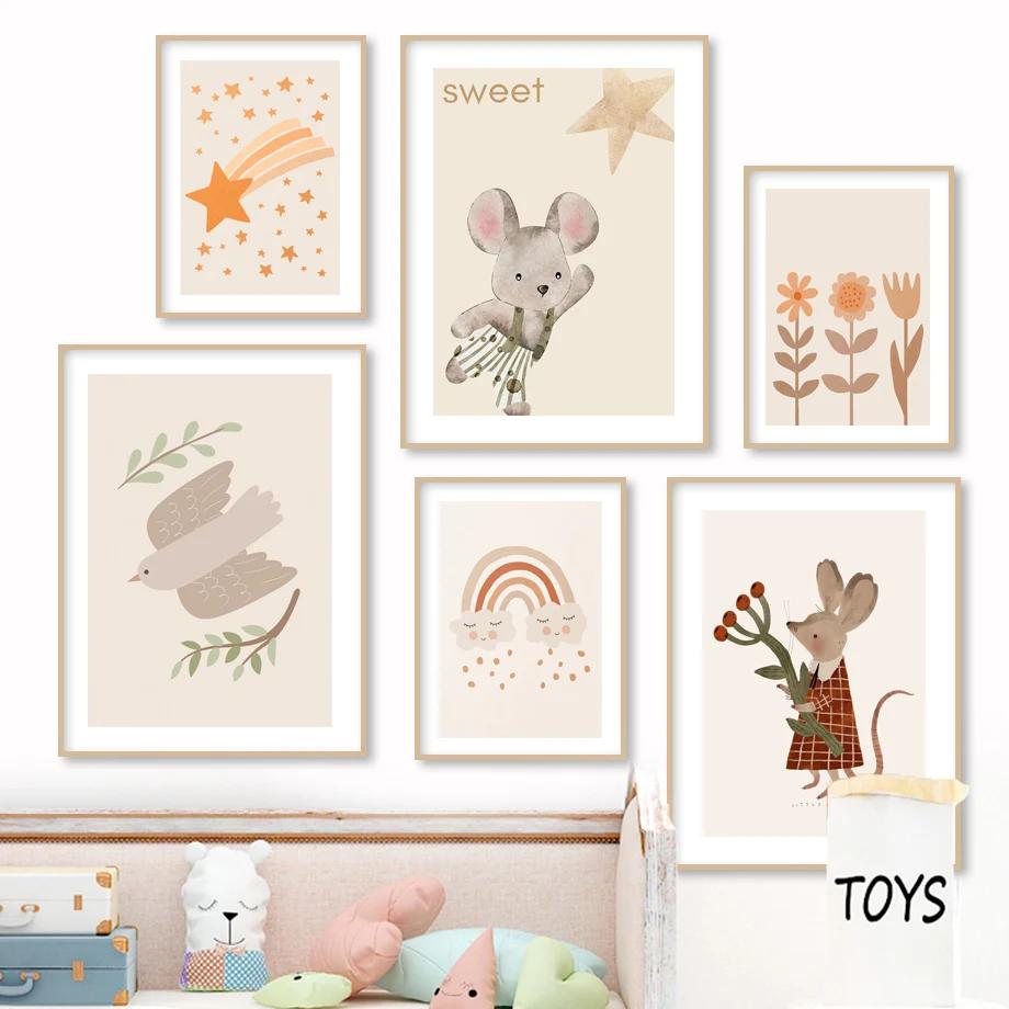 Nordic Cartoon Mouse Cat Goose Bird Bee Mushroom Wall Art Posters and Prints Canvas Painting Wall Pictures Baby Kids Room Decor
