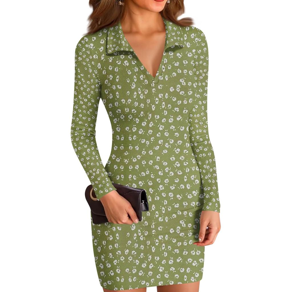 Women's V-neck Casual Print Long-sleeved Fitted Dress