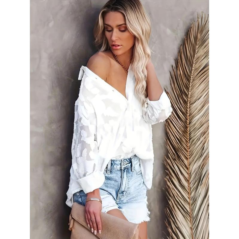 Blusa Feminina Elegante com Estampa Floral Lilás | Decote Chique com Abertura e Mangas Babados | Roupa Casual a Formal para Primavera/Verão/Outono