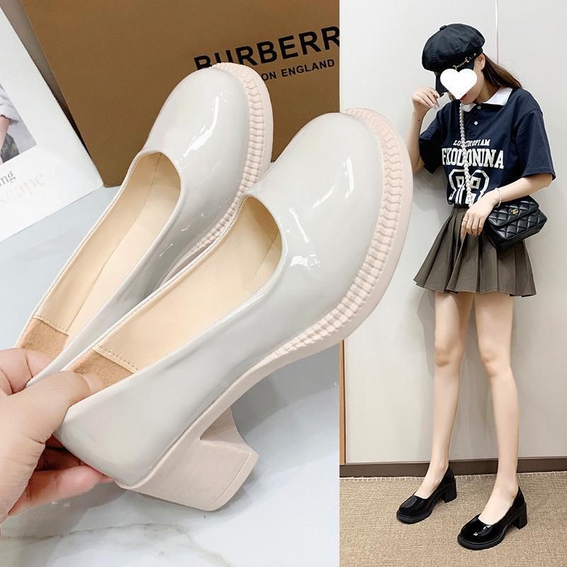 Size 35-43, Large Size Women's Shoes Round Head Soft Sole Non-slip Single Shoes Women's Thick Heel Mary Jane High Heels 41 Small Leather Shoes