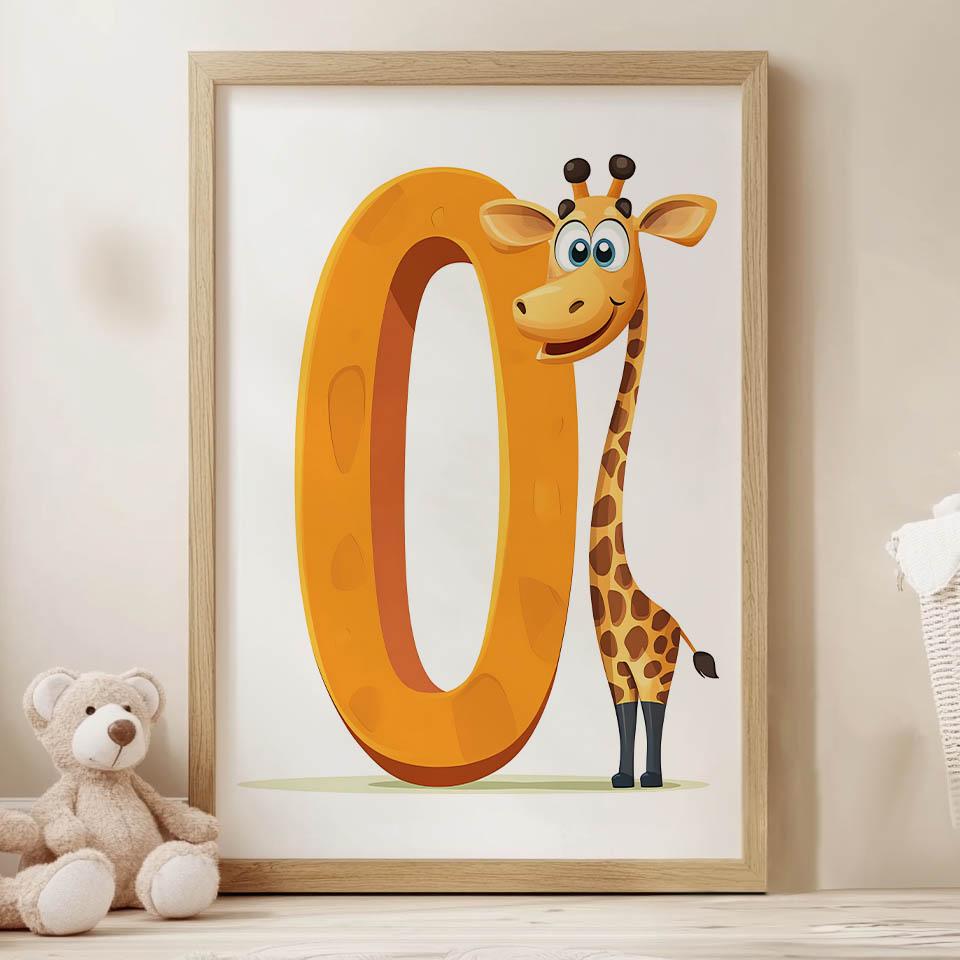 Poster Smiling Giraffe At The Letter "O Poster Smiling Giraffe At The Letter "O, 50X70 Cm, Unframed, Premium Canvas On Stretcher