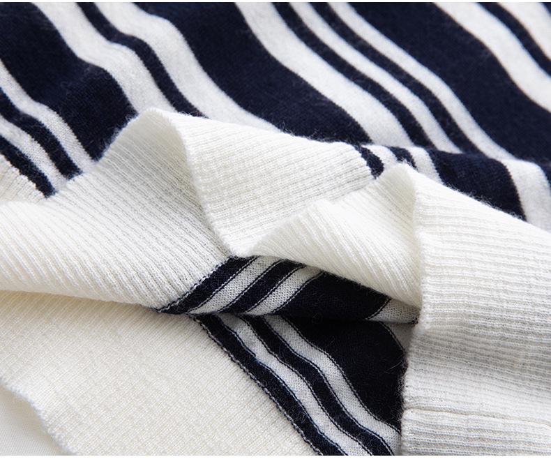 Women's 100% Wool Yangzi Knit Polo Collar Striped Retro Long Sleeve Sweater