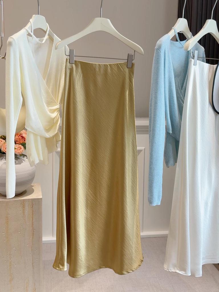 High-End Satin Mermaid Skirt for Women - Spring 2026 A-Line High Waist Slimming Drape Long Skirt