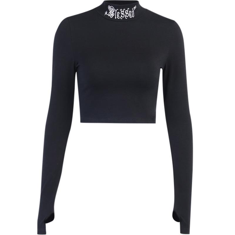 Women's Letter Embroidery Black Tight-fitting Long-sleeved Short Top Harajuku Style Retro Solid Color Top
