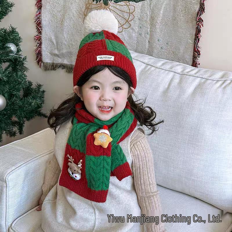 Korean-Style Kids' Christmas Scarf & Beanie Set: Warm Knit Neck Warmer for Boys & Girls