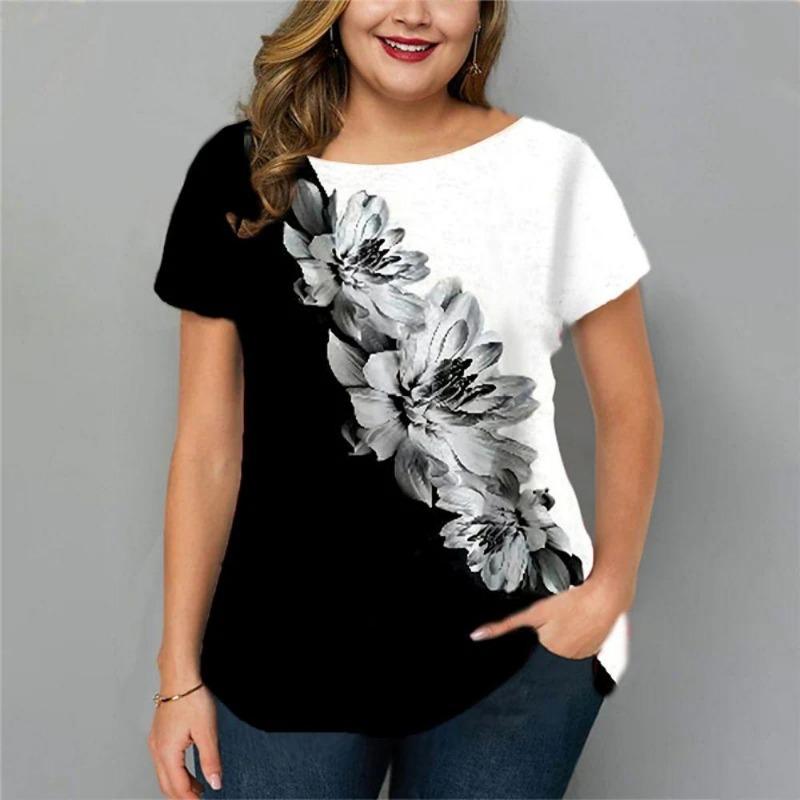 Summer Round Neck 3D Floral Butterfly Printed Top Fashionable Casual Short Sleeved Women's Plus SizeT-shirts