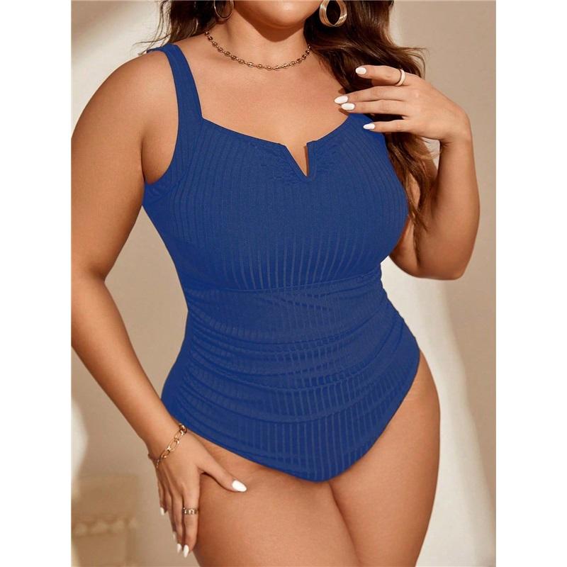 Women's Plus Size Ribbed One Piece Swimsuit, V Notch Tummy Control Triangle Bathing Suit