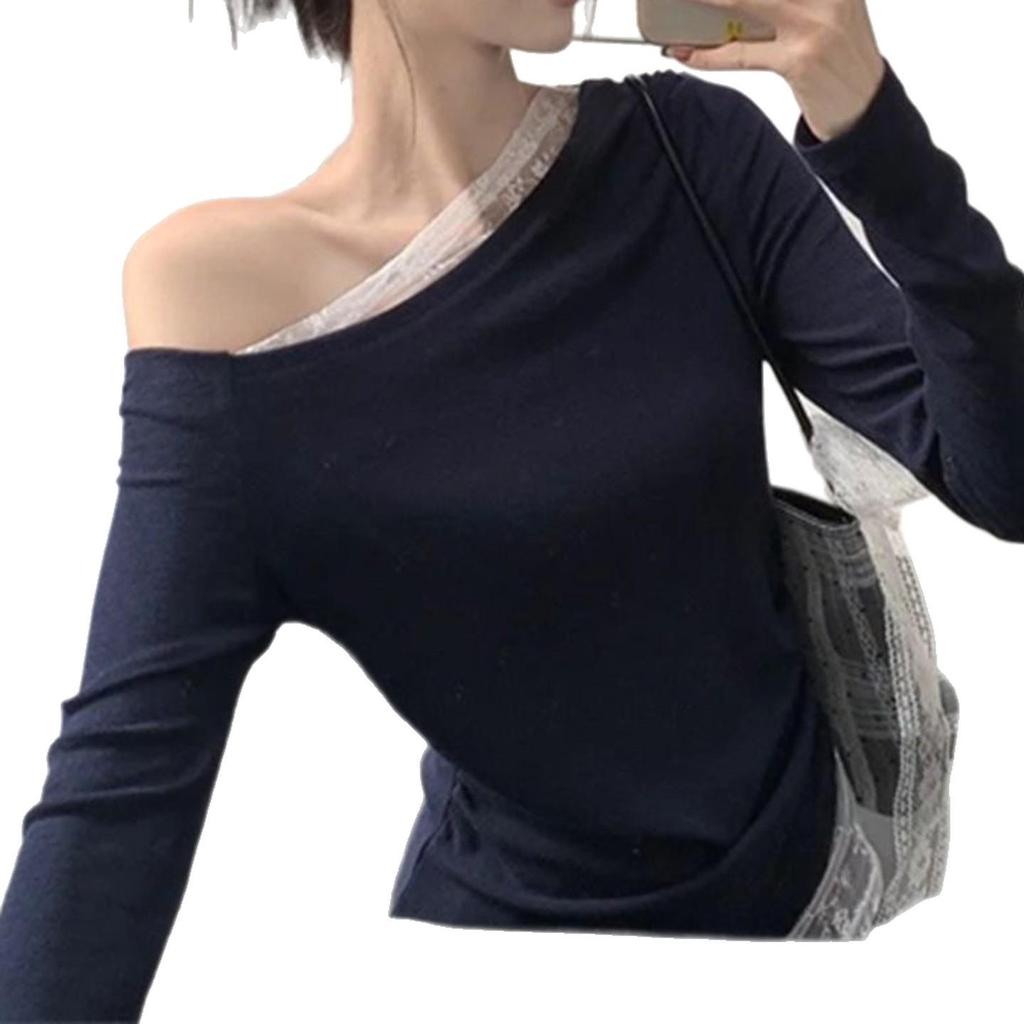 Women's Off-Shoulder Lace Splicing Long-Sleeve Top - Sexy Slim-Fit for Spring/Autumn 2026
