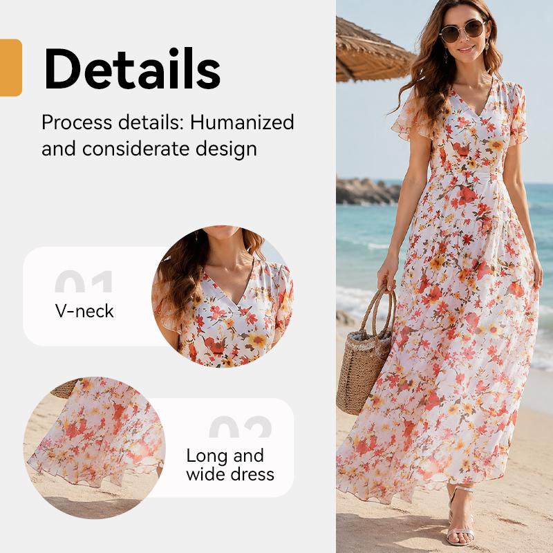Women's Floral Ruffle Sleeve Maxi Dress V Neck Loose Boho Summer Long Dress