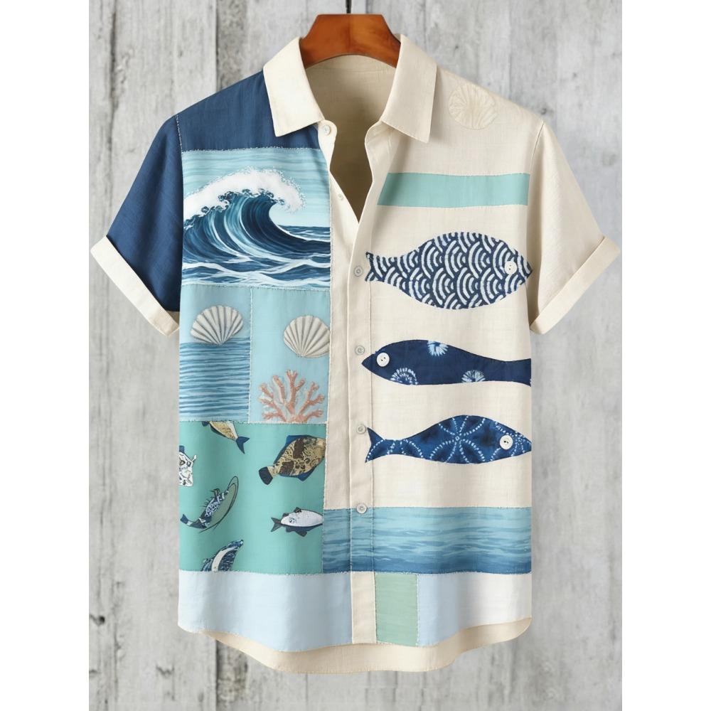 Men's Summer Short-sleeved Shirt Fun Ocean Theme 3D Printed Shirt Hawaiian Vacation Casual Outdoor Men's and Women's Shirt