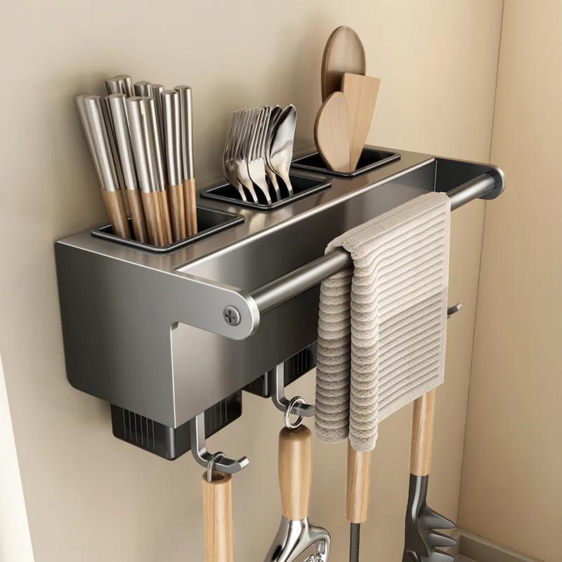

Versatile Stainless Steel Knife Organizer with Rug Holder Wall-mounted Utensils Holder for Chopstick Spoon & Fork