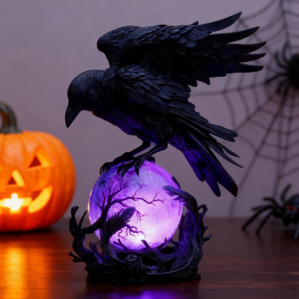 Gothic Raven LED Lamp Hand-Crafted Sculpture on Purple Glow Sphere Mysterious Decor for Desk Night Light