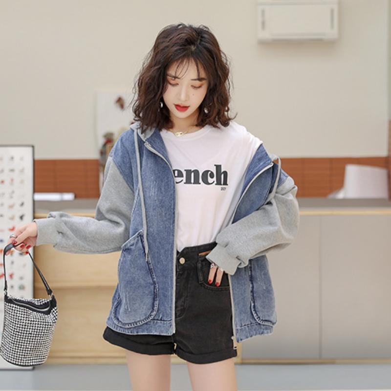 Hooded Denim Jacket Women's Spring and Autumn Stitching Loose Large Size Short Zipper Small Spring Top