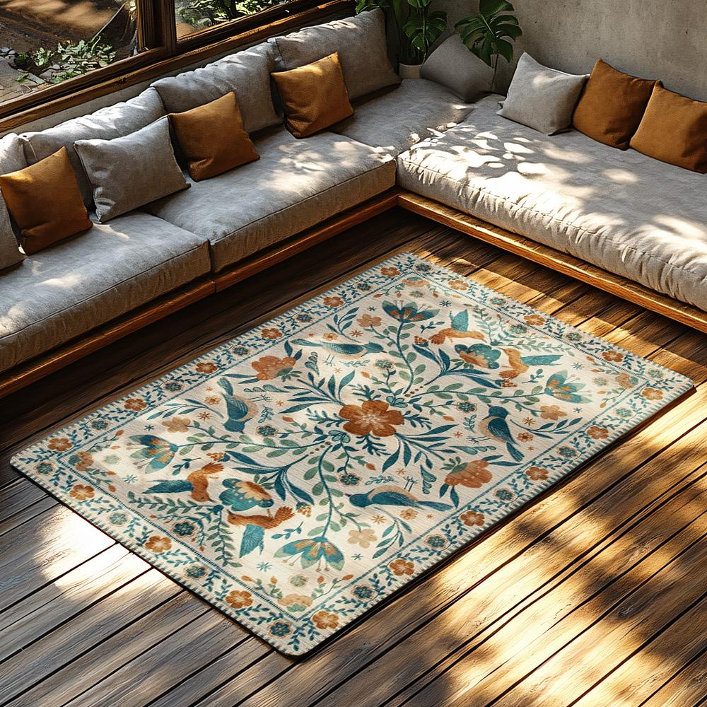 Cream Blue Green Floral Bohemian Rug, Orange Accent Non-Slip Living Room Carpet, Soft Vintage Style Home Decor Mat