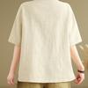 Plus Size Linen Vintage Button Pocket Short Sleeve T-Shirt Women's Summer Loose Slimming Fashion Top