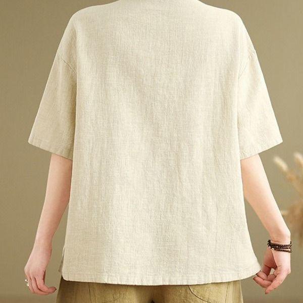 Plus Size Linen Vintage Button Pocket Short Sleeve T-Shirt Women's Summer Loose Slimming Fashion Top