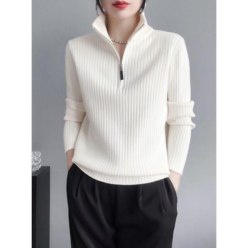 Autumn Winter Solid Color Pullover Zipper Long Sleeve Sweater Knitted Elegant Women's Clothing Half Open Collar All-match Tops