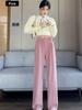 Meilade Autumn Winter Chinese Style Pao Kuao Fleece-Lined Sherniel Wide Leg Pants Women High Waist Drop Crotch Straight Leg Casual Trousers