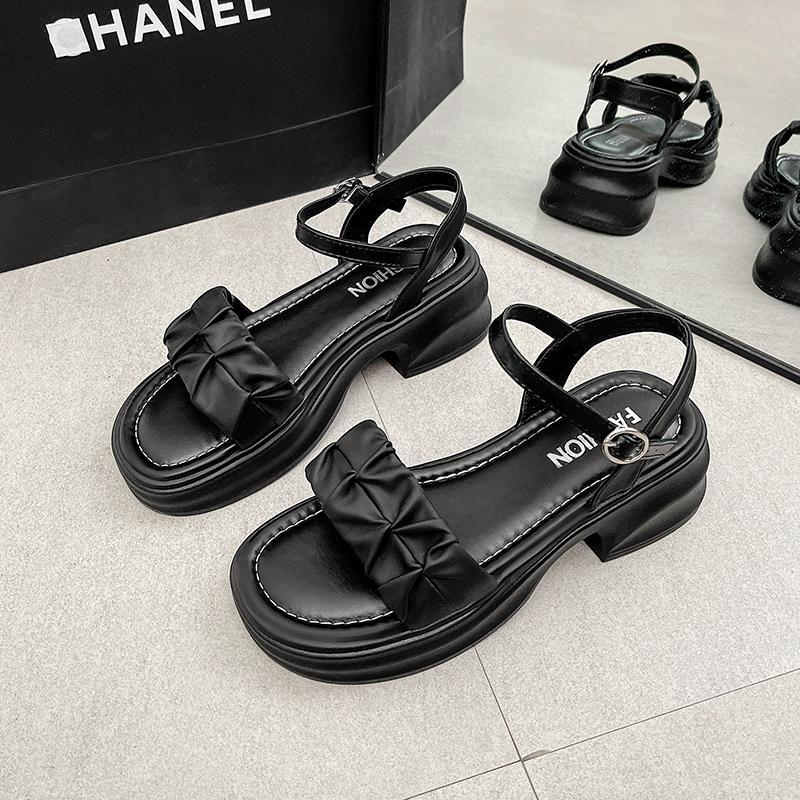 Fashion 2025 Summer New Women's Sandals Bow Thick Bottom Sand Dragons Roman Shoes Wind Matching Dresses Outer Wear Women's