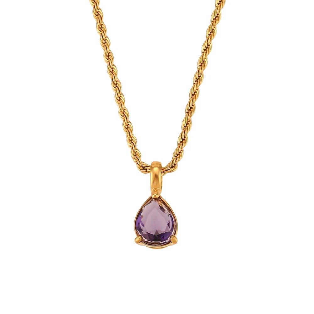 2022 Waterproof Fashion Birthstone Necklace Jewelry Gift For Women 12 Colors Zircon Waterdrop Pendant Necklace with Rope Chain