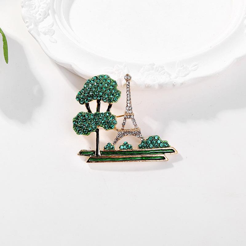 Creative Diamond Green Tree Tower Brooch Personalized Green Eiffel Tower Brooch Pin Clothing Accessories