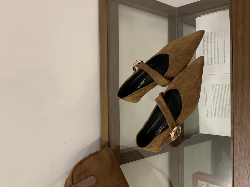 French Temperament Pointed Suede One-word Strap Single Shoes Women's Shoes 2025 Spring, Autumn and Winter Low-heeled Commuting Evening Shoes