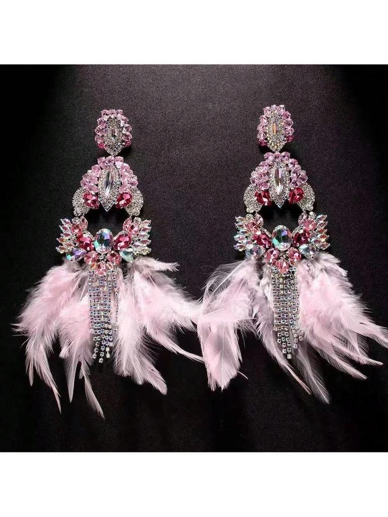 1 pair Pink Feather Exaggerated Earrings with Tassel Pendant Women's Wedding Bohemian Jewelry Sparkling Big Water Diamond Earrin