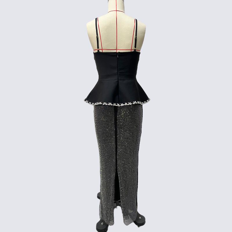 Multicolor Rhinestone Bandage V-Neck Spaghetti Strap High-Waist Evening Gown Set