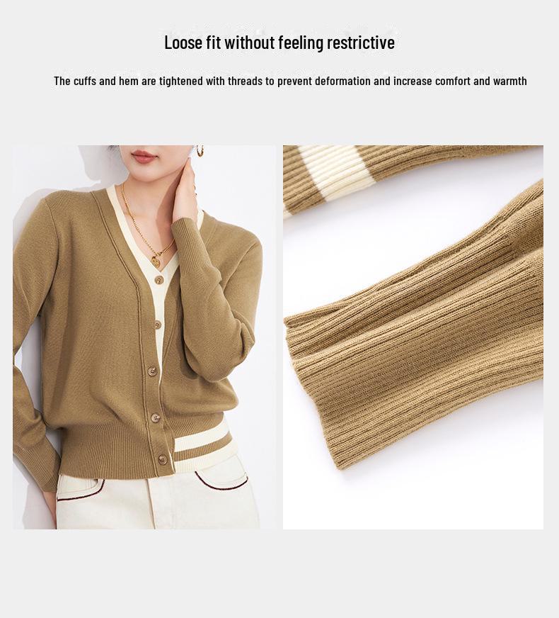 Contrast Color V-Neck Two-Piece Look Cardigan - Fashionable, Simple, Versatile Knitted Top for Women