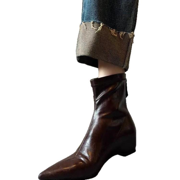 Wind Style Pointed Head Inner Height Increase Cm and Bare Boots Autumn and Winter Retro Versatile and Thin Boots Short Boots