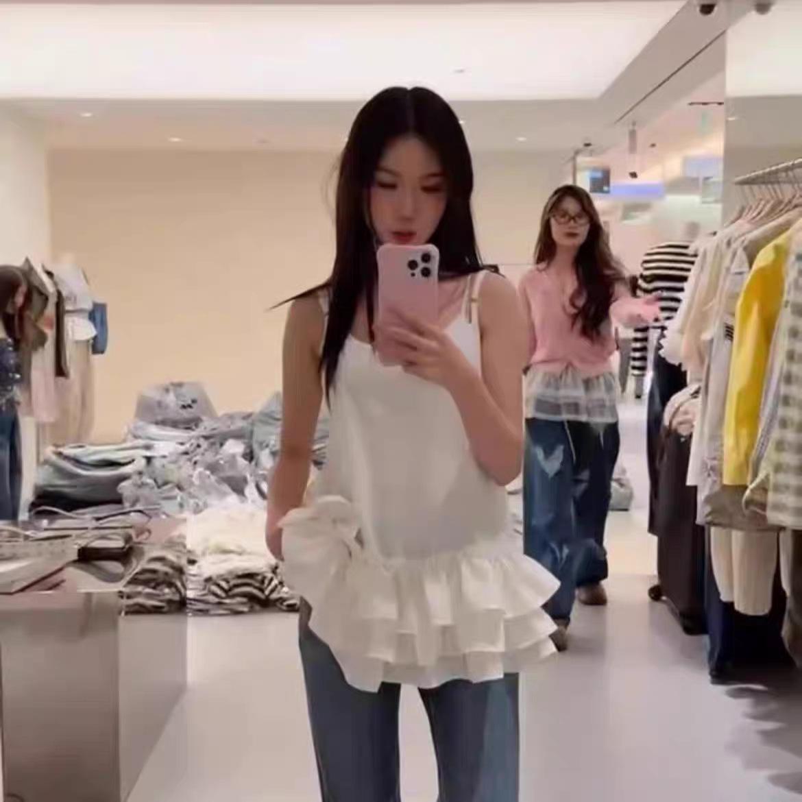 Korean Ruffle Chiffon Camisole Top - 2026 Spring/Summer Collection One Size белый