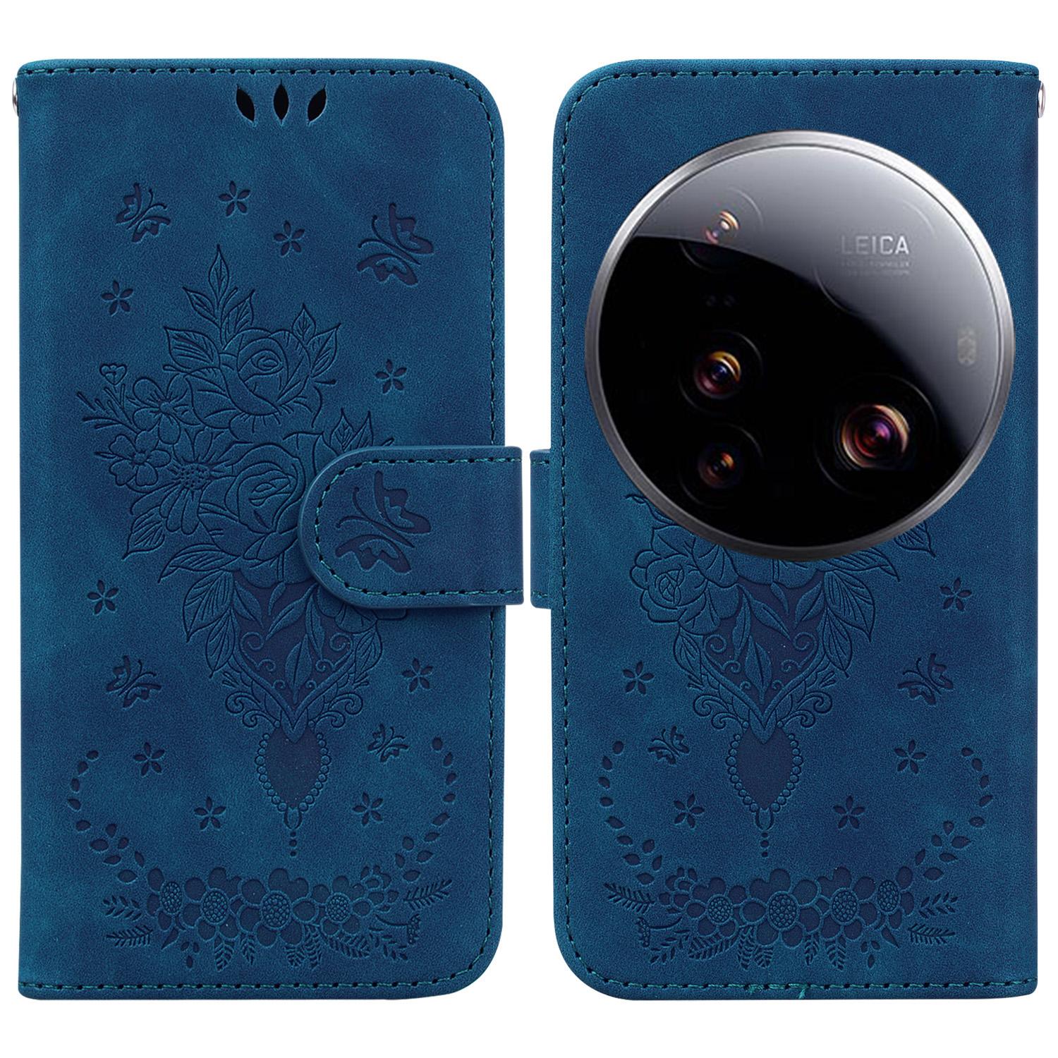 

For Xiaomi 15 Ultra Case PU Leather Wallet Phone Cover Butterfly Flower Imprint Blue