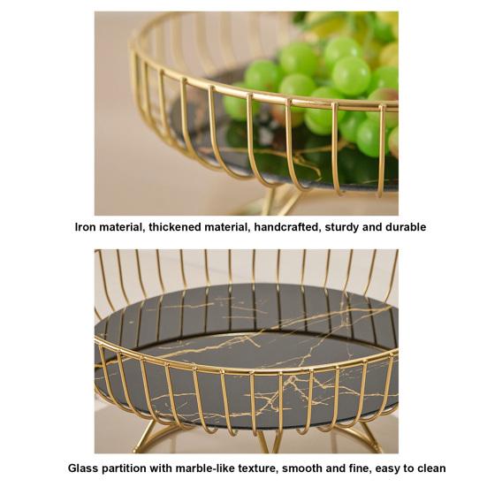 Yousheng Metal Wire Fruit Basket Round Mesh Fruit Bowl with Marble Texture Tray Modern Decorative Bread Snacks Serving Bowl for Kitchen Countertop