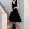 Women's Fake Two Suspenders Long Sleeve Dress Waist Slimming Hepburn Style Dress