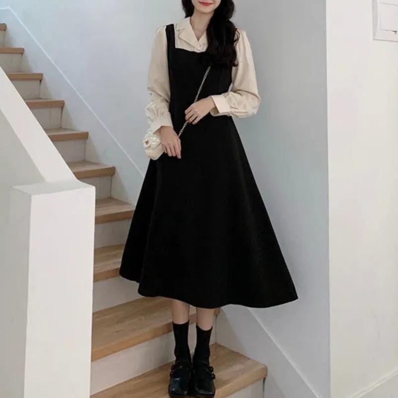 Women's Fake Two Suspenders Long Sleeve Dress Waist Slimming Hepburn Style Dress