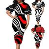 Women O-neck Layer Flared Sleeve Bodycon Dress Irregular Geometric Printing Hip Wrapped Office Lady Work Dress Workwear