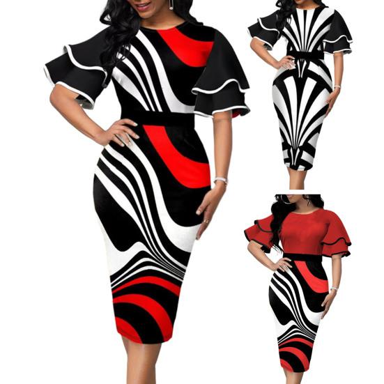 Women O-neck Layer Flared Sleeve Bodycon Dress Irregular Geometric Printing Hip Wrapped Office Lady Work Dress Workwear