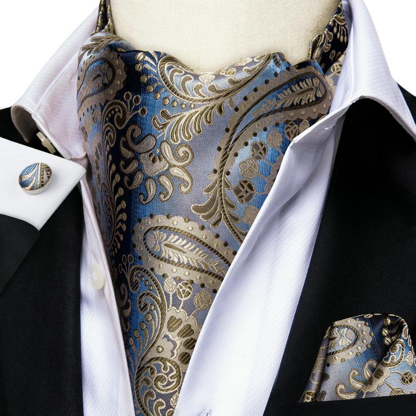 Hi-Tie Men Business Cravat Silk Ascot Scarves Paisley Tie Set for Men handkerchief Cufflinks Set