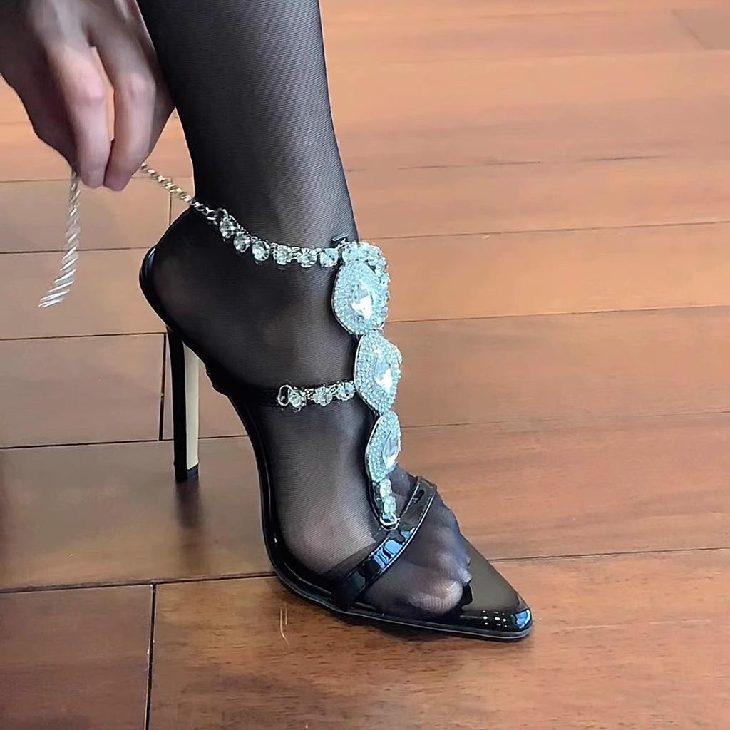 2025 new open-toed pointed gem rhinestone chain patent leather one-word strap sandals women's summer crystal stiletto high heels
