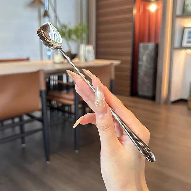 

Stainless Steel Round Spoon Net Red Golden Dinner Long Handle Stirring Dessert Spoons For Kitchen Accessories Gadgets-Homeclub серебряный