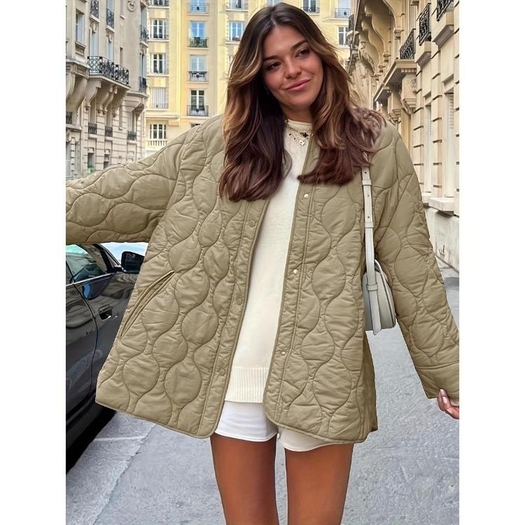 

New Autumn Winter Quilted Cotton Coat Loose Crewneck Solid Color Simple Style European American Wholesale XXL хакі