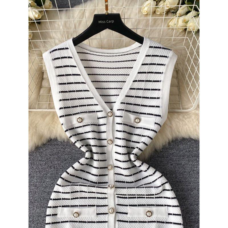 Ladies Elegant Classic Style Stripes Dress Women's Summer Fancy Fashion Casual Long Knitting Vest Dress